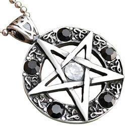 Wicca Jewelry Celtic Pentagram Pentacle Star Clear White-Black Crystal Gem Wiccan Pagan Witch Magic Healing Protection Amulet Pewter Mens Womens Pendant Necklace Charm Men Women w Silver Ball Chain