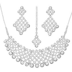 Touchstone Indian Bollywood Intricately Crafted Diamond Look Rhinestone Crystal Colorful Wedding Designer Jewelry Necklace Set in Gold and Silver Tone for Women.