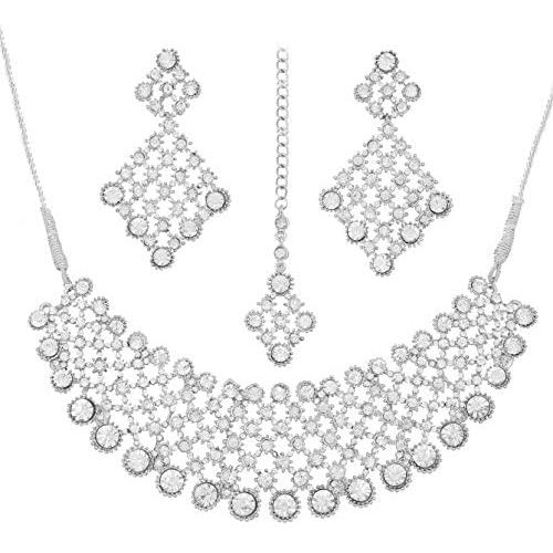 Touchstone Indian Bollywood Intricately Crafted Diamond Look Rhinestone Crystal Colorful Wedding Designer Jewelry Necklace Set in Gold and Silver Tone for Women.