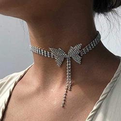 Masiter Sparkly Rhinestone Necklace Crystal Butterfly Choker Dainty Tennis Chain Wedding Bridal Bridesmaid Costume Jewelry for Women and Girls