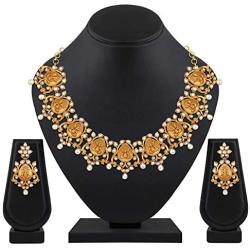 Aheli Beautiful Wedding Wear Indian Laxmi Goddess Faux Stone Studded Floral Design Crafted Necklace Earrings Set Ethnic Fashion Jewelry for Women
