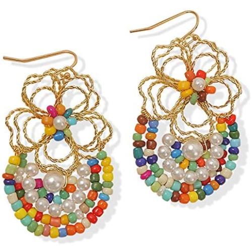 DAMLENG Unique Handmade Gold Flower Beaded Dangle Drop Earrings Bohemian Hollow Indian Jewelry for Women Girls
