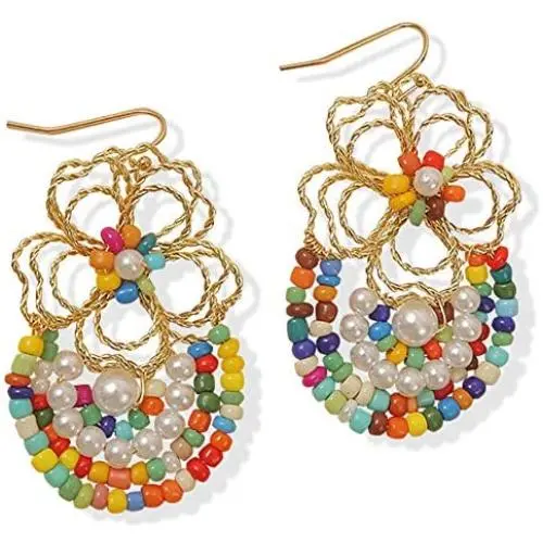 DAMLENG Unique Handmade Gold Flower Beaded Dangle Drop Earrings Bohemian Hollow Indian Jewelry for Women Girls DAMLENG Unique Handmade Gold Flower Beaded Dangle Drop Earrings Bohemian Hollow Indian Jewelry for Women Girls
