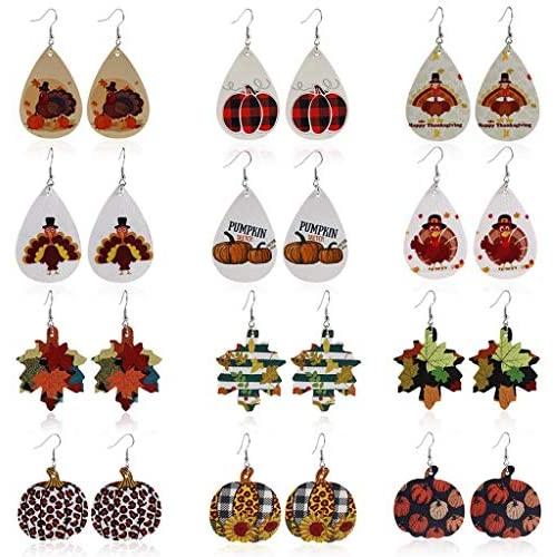 Fall Faux Leather Teardrop Earrings Plaid Pumpkin Sunflower Maple Leaves Acorn Autumn Jewelry Turkey Printed Leather Earrings Thanksgiving Accessory for Women Girl