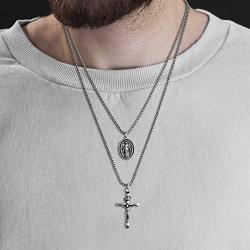 Steve Madden 28'' Oxidized Stainless Steel Box Chain Cross and Marie Concue Sans Peche Oval Medallion Duo Pendant Necklace For Men