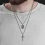 Steve Madden 28'' Oxidized Stainless Steel Box Chain Cross and Marie Concue Sans Peche Oval Medallion Duo Pendant Necklace For Men Steve Madden 28'' Oxidized Stainless Steel Box Chain Cross and Marie Concue Sans Peche Oval Medallion Duo Pendant Necklace For Men