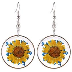 FM FM42 Multi-Colored Pressed Daisy & Queen Annes Lace Flowers 1.14'' Round Circle Drop Dangle Hook Earrings, 7 Colors