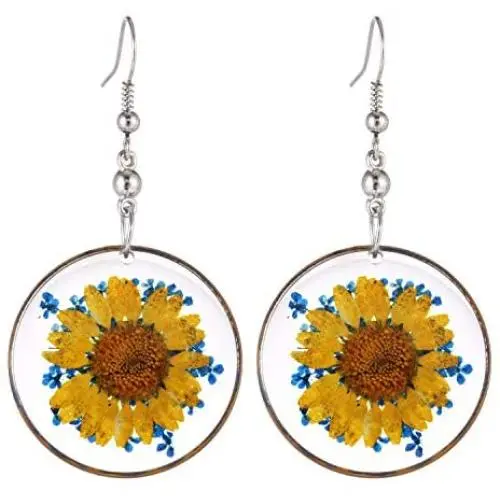 FM FM42 Multi-Colored Pressed Daisy & Queen Annes Lace Flowers 1.14'' Round Circle Drop Dangle Hook Earrings, 7 Colors FM FM42 Multi-Colored Pressed Daisy & Queen Annes Lace Flowers 1.14'' Round Circle Drop Dangle Hook Earrings, 7 Colors