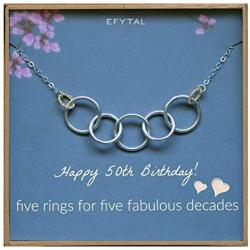 EFYTAL Happy 50th Birthday Gifts for Women Necklace, Sterling Silver 5 rings five Decades Necklaces Gift Ideas