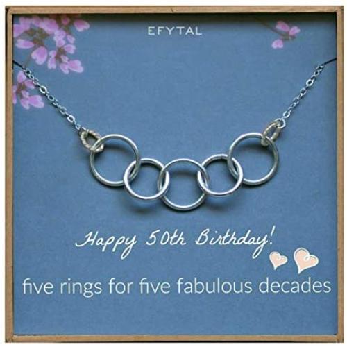 EFYTAL Happy 50th Birthday Gifts for Women Necklace, Sterling Silver 5 rings five Decades Necklaces Gift Ideas