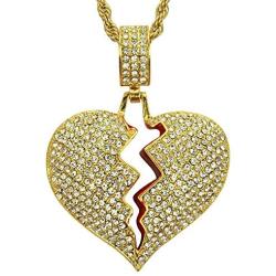 putouzip Men Broken Heart Chain Pendant,18k Gold Plated Fully Iced Out Rhinestone Rape Chain Necklace