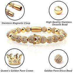 Luxury CZ Imperial Crown Braided Copper Bracelets with 8mm Micro Pave Cubic Zirconia Beads Pulseira Bangle Charm