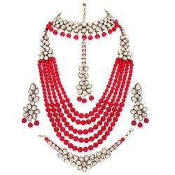 CROWN JEWEL Indian Bridal Pearl 5 pc Combo Jewelry Wedding Gold Necklace Earring Set