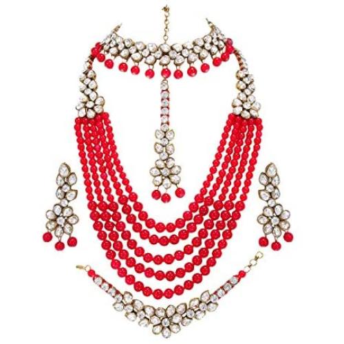CROWN JEWEL Indian Bridal Pearl 5 pc Combo Jewelry Wedding Gold Necklace Earring Set