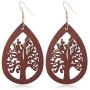 2-4 Pairs Handmade Natural Wooden Teardrop Earrings Geometric Lightweight Tree of Life Water Drop Earrings Set for Women Wood Ear Jewelry