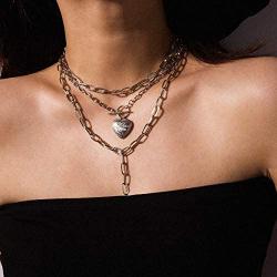 Ingemark Statement Cool Punk Chunky Chain Toggle Necklace for Women Girls Heart Shaped Photo Locket Pendant Layered Heart Locket Necklace (Style 3 Silver)