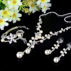 EVER FAITH Silver-Tone CZ Austrian Crystal Cream Simulated Pearl Elegant Flower Jewelry Set