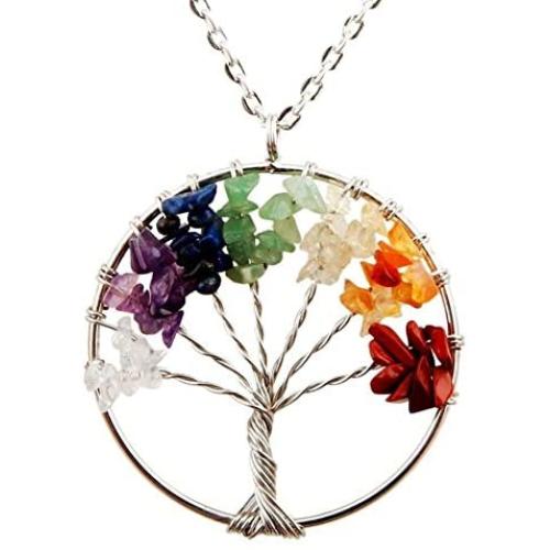 Tree of Life Pendant for Necklace Amulet Crystal Quartz DIY 7 Chakra Meditation Gemstones Charms for Peace Family Best Friends Mothers Day Gifts