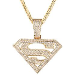 GOLD IDEA JEWELRY Iced Out Superman pendant 14K Gold Plated/ White gold plated hip hop Cubic Zirconia Pendant with 28'' Stainless Steel Franco Chain Necklaces for men