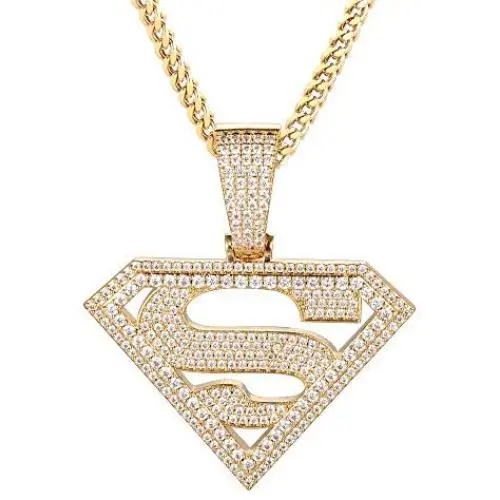 GOLD IDEA JEWELRY Iced Out Superman pendant 14K Gold Plated/ White gold plated hip hop Cubic Zirconia Pendant with 28'' Stainless Steel Franco Chain Necklaces for men