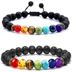 2Pcs Lava Rock Chakras Aromatherapy Essential Oil Diffuser Bracelet Braided Rope Natural Stone Yoga Beads Anxiety Bracelet for Women Bracelet Bangle