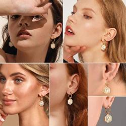 Women Girls Initial Earrings Sterling Silver Post 18K Gold Plated Open Huggie Hoop Earrings with Vintage Hexagon Embossed A-Z 26 Letters Drop Tiny Earrings, Name Style Jewelry,Christmas Gift for Lover