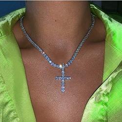 Gangel Silver Vertical Cross Tennis Necklace Glittering Chain Simple Fashion Pendant Exquisite Choker Elegant Refined Jewelry with Rhinestone for Prom Party Gifts for Women and Girls