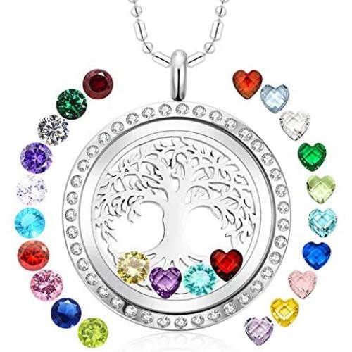 AZNECK Tree of Life Floating Charm Living Memory Lockets Pendant Necklace Stainless Steel Toughened Glass Gifts for Mom Family