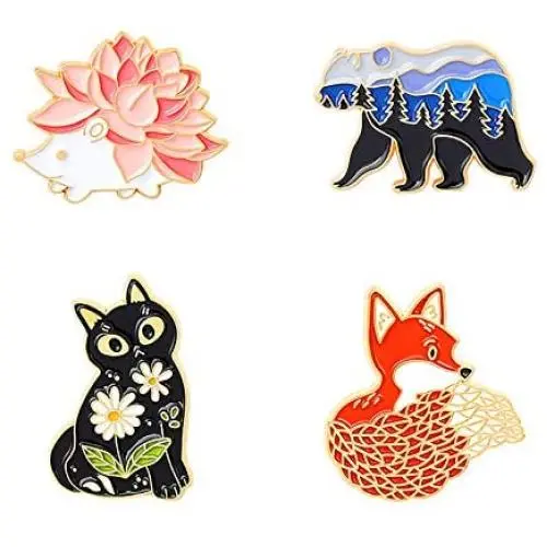 Gillna Cartoon Animal Enamel Pins Set Cute Plant Enamel Lapel Pin Badges for Clothes Bags Funny Hedgehog Fox Bear Cat Badges Brooches Jewelry Accessories