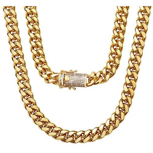 BLICHAIN Cuban Link Chain Necklace or Bracelet with Design Box Clasp with Bling Bling Ice-Out CZ Diamond for Men Boys 10mm 18K Gold Stainless Steel Hip Hop Miami Curb Chains 7-30 inch