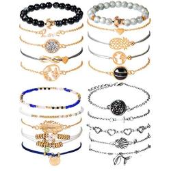 Chuangdi 4 Jewelry Set Layered Beaded Bracelet Adjustable Charm Pendent Stack Bracelets Wrap Bangle for Women Girl (Style 1)