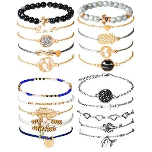 Chuangdi 4 Jewelry Set Layered Beaded Bracelet Adjustable Charm Pendent Stack Bracelets Wrap Bangle for Women Girl (Style 1)