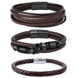 LOLIAS 3Pcs Stainless Steel Braided Leather Bracelet for Men Women Leather Wrist Band Cuff Bangle Bracelet Magnetic Clasp 7.5-8.5 inches