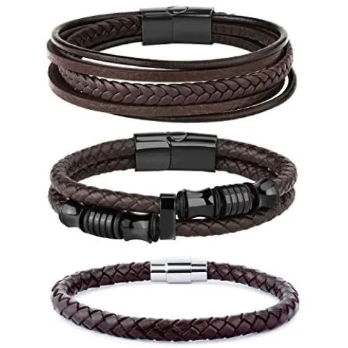 LOLIAS 3Pcs Stainless Steel Braided Leather Bracelet for Men Women Leather Wrist Band Cuff Bangle Bracelet Magnetic Clasp 7.5-8.5 inches LOLIAS 3Pcs Stainless Steel Braided Leather Bracelet for Men Women Leather Wrist Band Cuff Bangle Bracelet Magnetic Clasp 7.5-8.5 inches