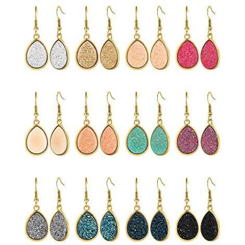 12 Pairs Faux Druzy Drop Earrings Crystal Pendant Dangle Earrings Multicolor Stainless Steel Earrings for Women Girls