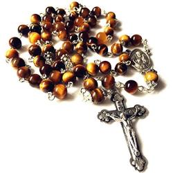 elegantmedical HANDMADE Tiger Eye Jade Rosary Beads Cross CRUCIFIX CATHOLIC NECKLACE Box