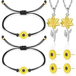 Hicarer Sunflower Pinky Promise Bracelet Necklace Earrings Long Distance Friendship Jewelry for Women Teen Girls