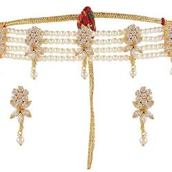 Efulgenz Indian Bollywood 14 K Gold Plated Cubic Zirconia Faux Ruby Emerald Pearl Choker Necklace Earring Bridal Jewelry Set