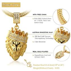 Halukakah ● Kings Landing ● Gold Chain for Men 18k Real Gold Plated Iced Out Crown Lion Pendant Necklace,Full Cz Lab Diamonds Prong Set,with Sharktail Chain 30''/Tennis Chain 20'',Free Giftbox