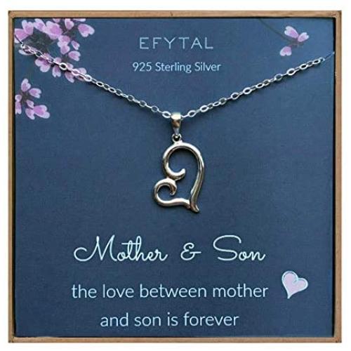 EFYTAL Mom Gifts, 925 Sterling Silver Sideways Heart Necklace for Mother & Son, Mom Necklaces for Women, Best Birthday Gift Ideas, Pendant Mothers Jewelry For Her, Mothers Day