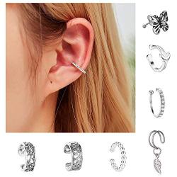 7pcs Ear Cuffs Silver Helix Cartilage Conch Clip on Wrap Earrings Non-Piercing Huggie Cuff Earrings for women