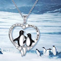 FLYOW S925 Sterling Silver Cute Animal Penguin Heart Pendant Mother Child I Love You Mom Penguin Necklace Jewelry Birthday Gifts for Women