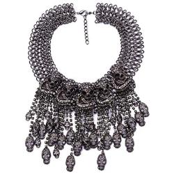 MJartoria Women Statement Skull Necklace-Carnival Festival Halloween Vintage Bohemian Ethnic Gypsy Rhinestone Bib Chunky Tassel Collar Festival Statement Necklace