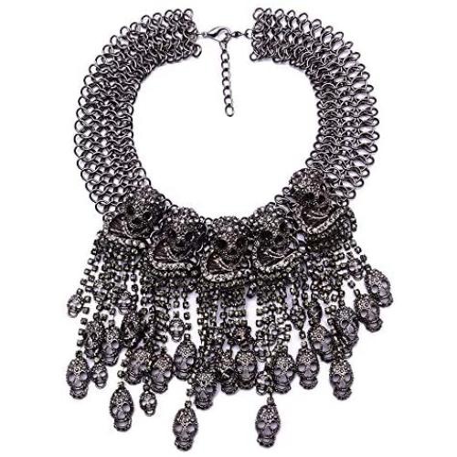 MJartoria Women Statement Skull Necklace-Carnival Festival Halloween Vintage Bohemian Ethnic Gypsy Rhinestone Bib Chunky Tassel Collar Festival Statement Necklace