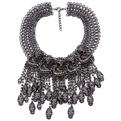 MJartoria Women Statement Skull Necklace-Carnival Festival Halloween Vintage Bohemian Ethnic Gypsy Rhinestone Bib Chunky Tassel Collar Festival Statement Necklace