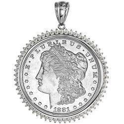 Sterling Silver Cubic Zirconia Silver Dollar Bezel CZ Halo 38 mm Mexican Olympic Coins Prong Back Coin NOT Included