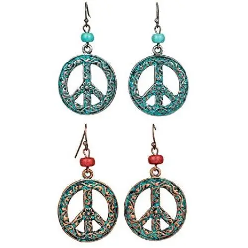 Vintage Antique Silver Round Peace Love Sign Symbol Hook Earring Hollow Carved Flower Drop Earring For Women Retro Jewelry