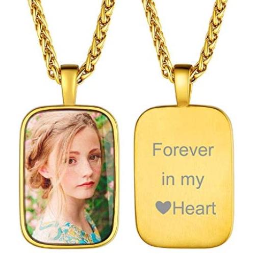 ChainsHouse Personalized Photo Necklace Men Women, Stainless Steel/18K Gold Plated Chain, Custom Picture Image Engrave Text Rectangular/Heart/OvalPendant Memorial Jewelry