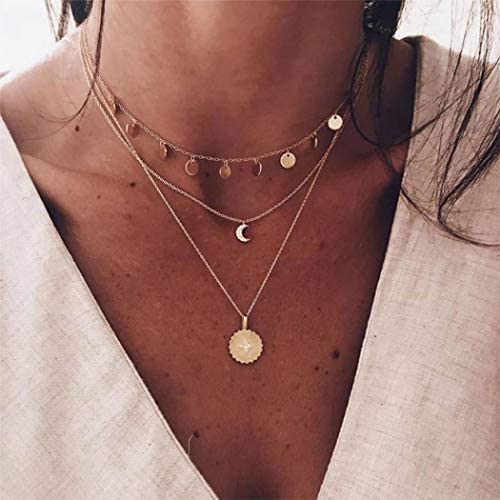 Taktik Boho Layered Coin Pendant Necklaces Gold Moon Necklace Chain Sequins Jewelry for Women and Girls