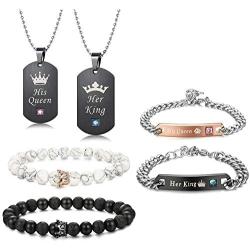 LOYALLOOK 6Pcs Couples Necklaces Bracelets Matching Set for Him and Her, His Queen Her King Pendant Necklace His & Hers Bracelets King and Queen Jewelry Gifts for Lover
